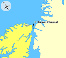 Map indicating Robeson Channel, Nunavut, Canada