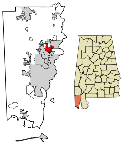 Location of Satsuma in Mobile County, Alabama.