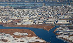 Eastward from Hackensack River in the Meadowlands to Hudson River