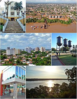 Top left:Rondonia State Government Office, Top right:Port of Porto Velho, Middle left:Porto Velho Cultural House, Middle right:Sunset in Madeira River, Bottom:Panorama view of downtown from Pedrinhas area