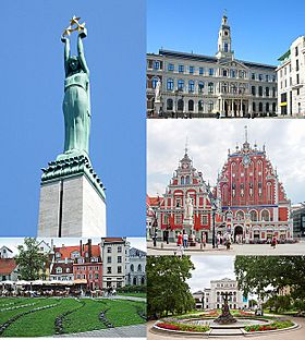 From top, left to right: the Freedom Monument, the Riga City Council building, the House of the Blackheads, Livonian Square, and the Latvian National Opera