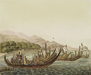 Tahitian warrior dugouts, Le Costume Ancien et Moderne by Giulio Ferrario, 1827