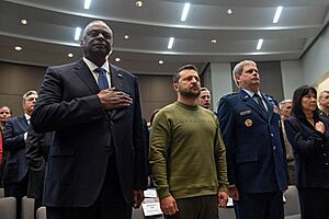 Ukraine President Volodymyr Zelenskyy, U.S. Secretary of Defense Lloyd Austin and National Defense University (NDU) President U.S. Air Force Lt. Gen. Michael T. Plehn at N.D.U., Washington, D.C., on December 11, 2023