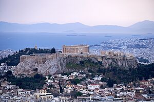 View of the Acropolis of Athens from Mt Lycabettus on April 22, 2022