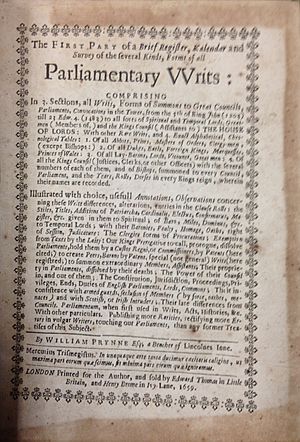 William Prynne, The First Part of a Brief Register, Kalendar and Survey of the Several Kinds, Forms of All Parliamentary VVrits (1st ed, 1659, title page) - 20141120