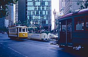 1983 SF Historic Trolley Festival - Porto 122, Blackpool 226 and Muni 1 at Market & 1st