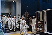 Apollo 11 crew at van for transfer to launch pad
