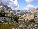A photo of the Wind River Range approaching the Lozier Lakes.