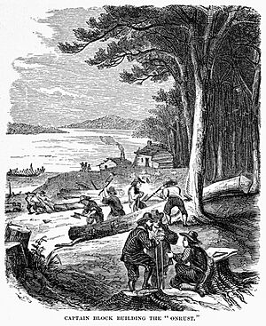 Captain Adriaen Block and Crew building the Onrust 1614 Engraving