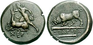 Coin, Artemis with deer and bull, Tauric Chersonesos, 4th-3rd century BC
