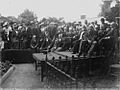 Crowd of people congregated by the grave of Robert Owen at the old parish church, Newtown (1293839)