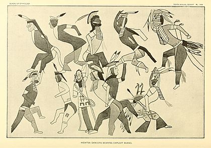 Dancing Hidatsa warriors with exploit marks