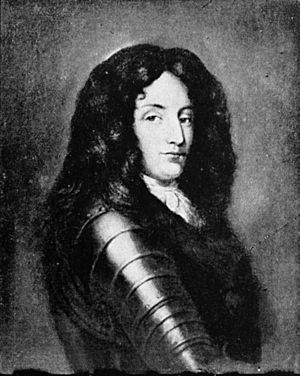 A painted portrait, reproduced in grey tones, of a clean-shaven young man with long curly dark hair or such a wig, wearing armour covering his breast and arms