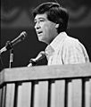 Democratic Convention in New York City, July 14, 1976. Cesar Chavez at podium, nominating Gov. Brown