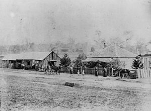 Early streetscape of Brisbane Terrace, Goodna, showing the transport and residents of the area, ca. 1870