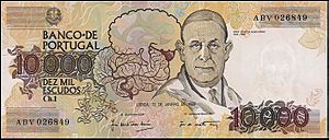 Egas Moniz nota comemorativa 10000 escudos em Portugual 1989
