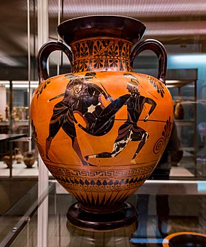 Exekias - ABV 144 8 - Achilles and Penthesilea - Memnon between two of his soldiers - London BM 1849-0518-10 - 01