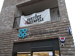 Grenfell Tower campaign banner in May 2018