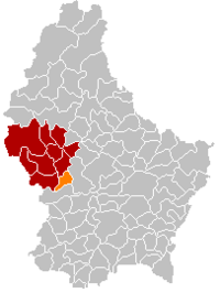 Map of Luxembourg with Saeul highlighted in orange, and the canton in dark red
