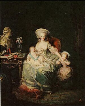 Marie Antoinette with her son Louis Joseph, Dauphin of France and daughter Madame Royale overlooked by a bust of Louis XVI