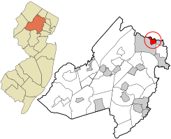 Location of Butler in Morris County highlighted and circled in red (right). Inset map: Location of Morris County in New Jersey highlighted in orange (left).