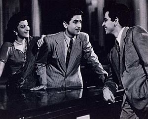 Nargis, Raj Kapoor and Dilip Kumar in scene from Andaz