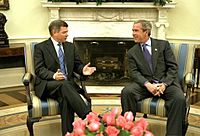 President George W. Bush meets with Prime Minister Kjell Magne Bondevik of Norway in the Oval Office Friday, May 16, 2003