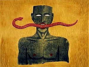 Snake Man, color woodcut and lithograph by Allison Saar