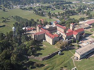 Aerial view of Subiaco Abby and town, looking South