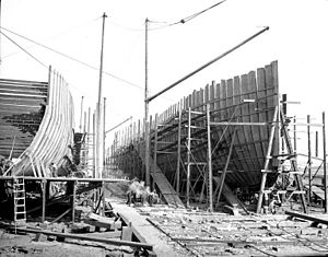 Two ships under construction on ways at the Pacific American Fisheries yard, Bellingham, Washington, September 1916 (COBB 233)