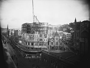 Willis and Boulcott Streets, Wellington, with the Hotel St George under construction, 1930