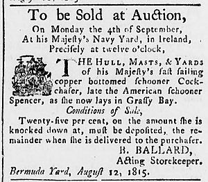 12 August 1815 advertisement by HM Dockyard Bermuda of auction of HMS Cockchafer published 19 August 1815 in The Bermuda Gazette