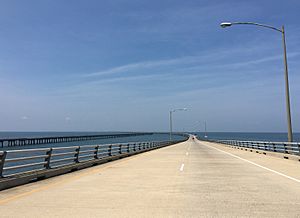 2017-07-12 11 23 10 View south along U.S. Route 13 (Chesapeake Bay Bridge-Tunnel) crossing the North Channel of the Chesapeake Bay in Northampton County, Virginia.jpg