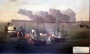 Beach and Van Ghent destroy six Barbary ships near Cape Spartel, Morocco, 17 August 1670 RMG BHC0298.jpg