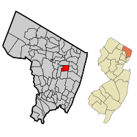 Map highlighting Dumont's location within Bergen County. Inset: Bergen County's location within New Jersey