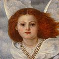 Head and shoulders portrait of a young woman with red hair, a white robe, and white angel's wings
