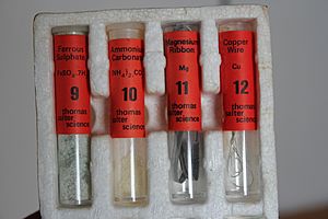 Chemicals in tubes from a Salter Science chemistry set