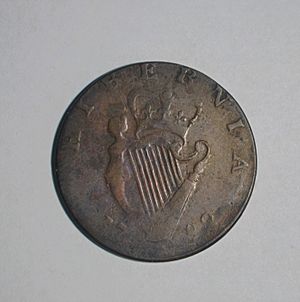 George III counterfeit halfpenny, Irish reverse