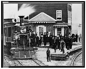Hanover Junction, Pennsylvania--1863--Hanover Junction Railroad Station (detail of locomotive and crowd) Digital ID- (b&w film copy neg.) cph 3c24420 http- hdl.loc.gov loc.pnp cph.3c24420