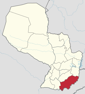Location of Itapúa, in red, in Paraguay