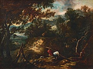 John Butts - A Mountainous Wooded Landscape With Figures Gathering Wood