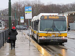 MBTA route 28 bus at Mattapan station, December 2018