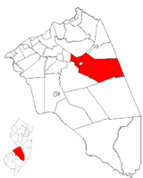 Pemberton Township highlighted in Burlington County. Inset map: Burlington County highlighted in the State of New Jersey.