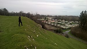 Parciau hill-fort ramparts and view north-east over caravan site to the Irish Sea.jpg