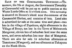 Sale of Sections at Coromandel ( Whanganui Island) The New Zealander Paper Auckland Wed August 6 1862