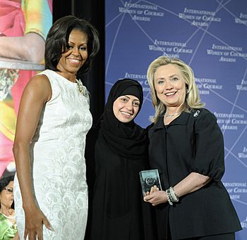 Samar Badawi with Hillary Rodham Clinton and Michelle Obama at 2012 IWOC Award cropped