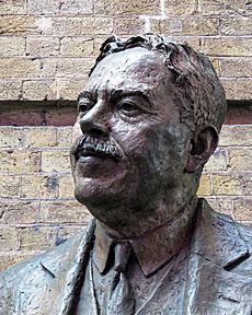 Sir Nigel Gresley statue at King's Cross Station, London, England, head detail