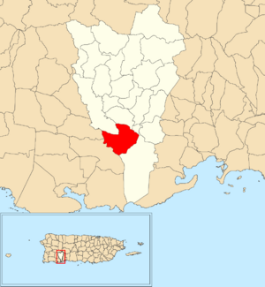 Location of Susúa Baja within the municipality of Yauco shown in red