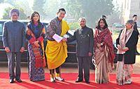 The King of Bhutan, His Majesty Jigme Khesar Namgyel Wangchuck being received by the President, Shri Pranab Mukherjee, at the Ceremonial Reception, at Rashtrapati Bhavan, in New Delhi. The Bhutan Queen