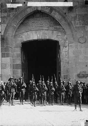 The surrender of Jerusalem to the British, December 9, 1917. First British guard at the Jaffa Gate